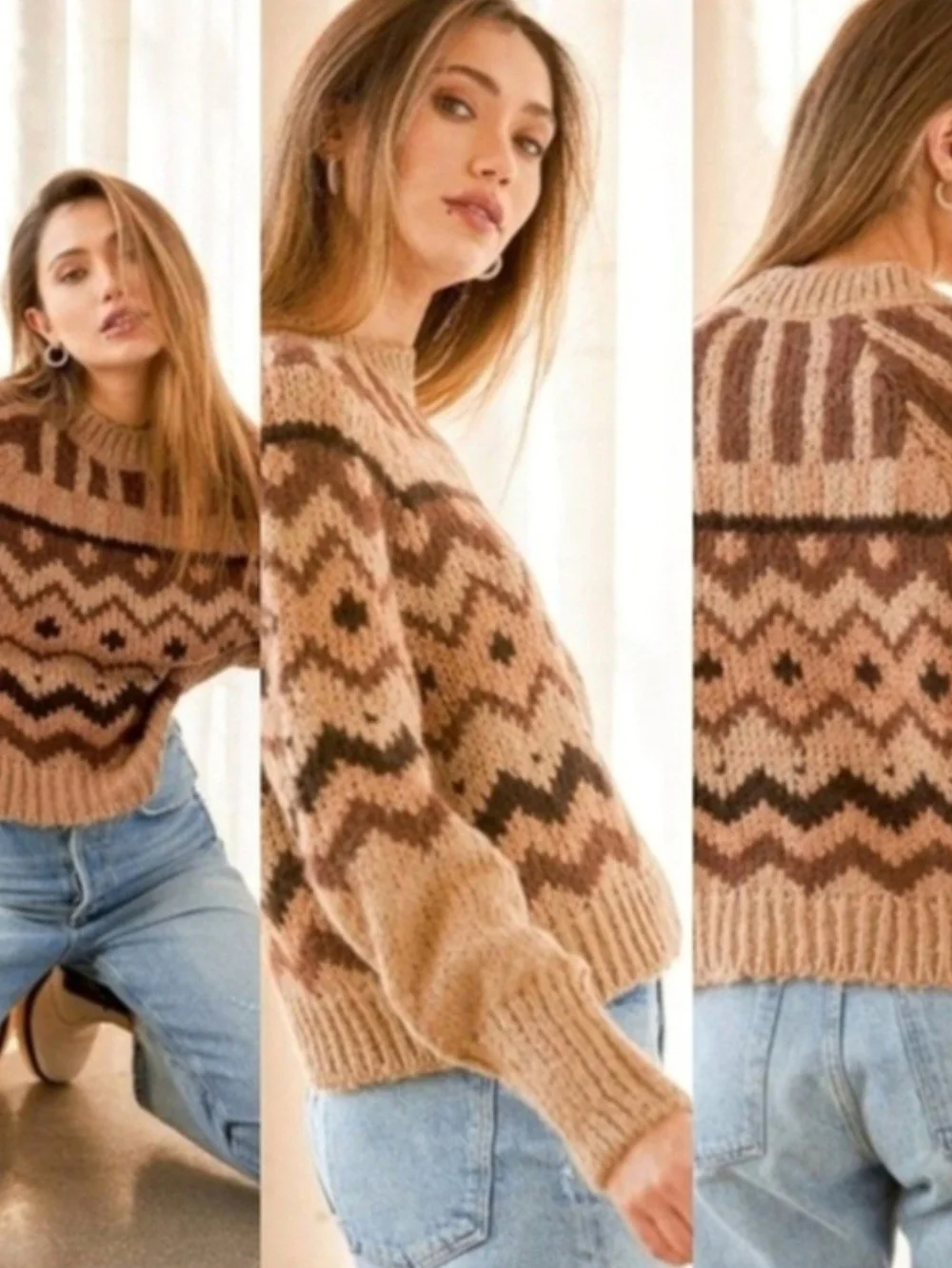 By Anthropologie Caramel Chai Carson Fair Isle Geo Chunky Knit  Crewneck Sweater